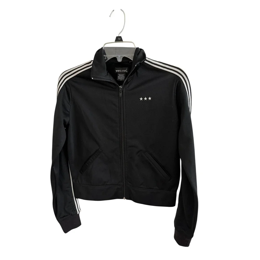 Wet Seal‎ Y2K Harvard Zip Up Track Jacket Sweatshirt Black Small